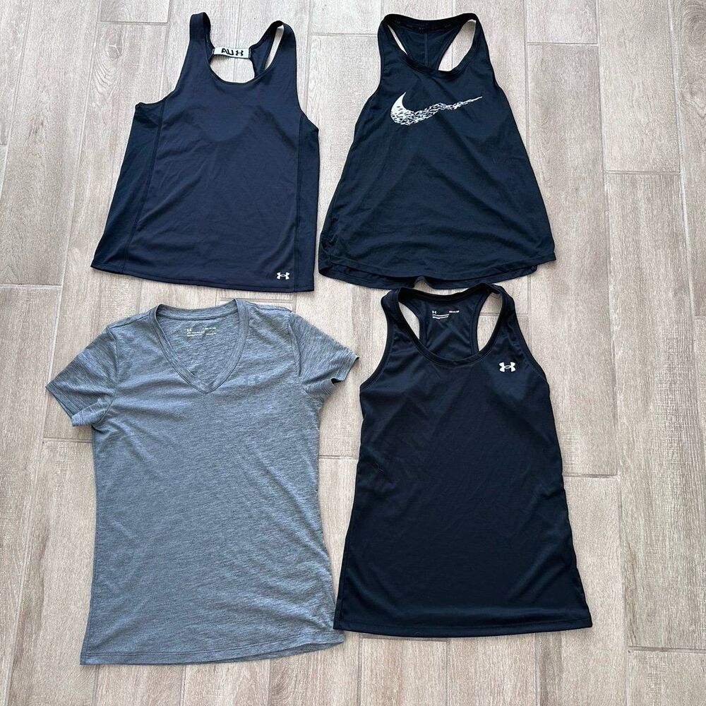 4pc Under Armour Nike Workout Tops S M Athletic Gym Running Tank Shirt Lo